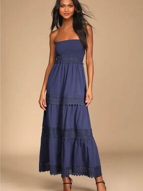 Lulu's Navy Strapless Smocked Maxi Dress with Lace Tiers